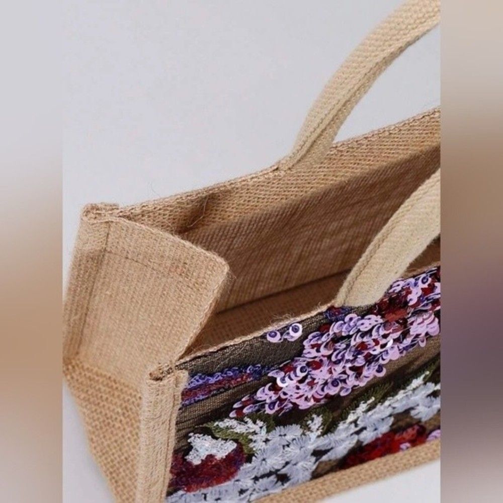 Sequin Embroidery Floral Stitching Linen Tote Bag NWT - Picture 10 of 13